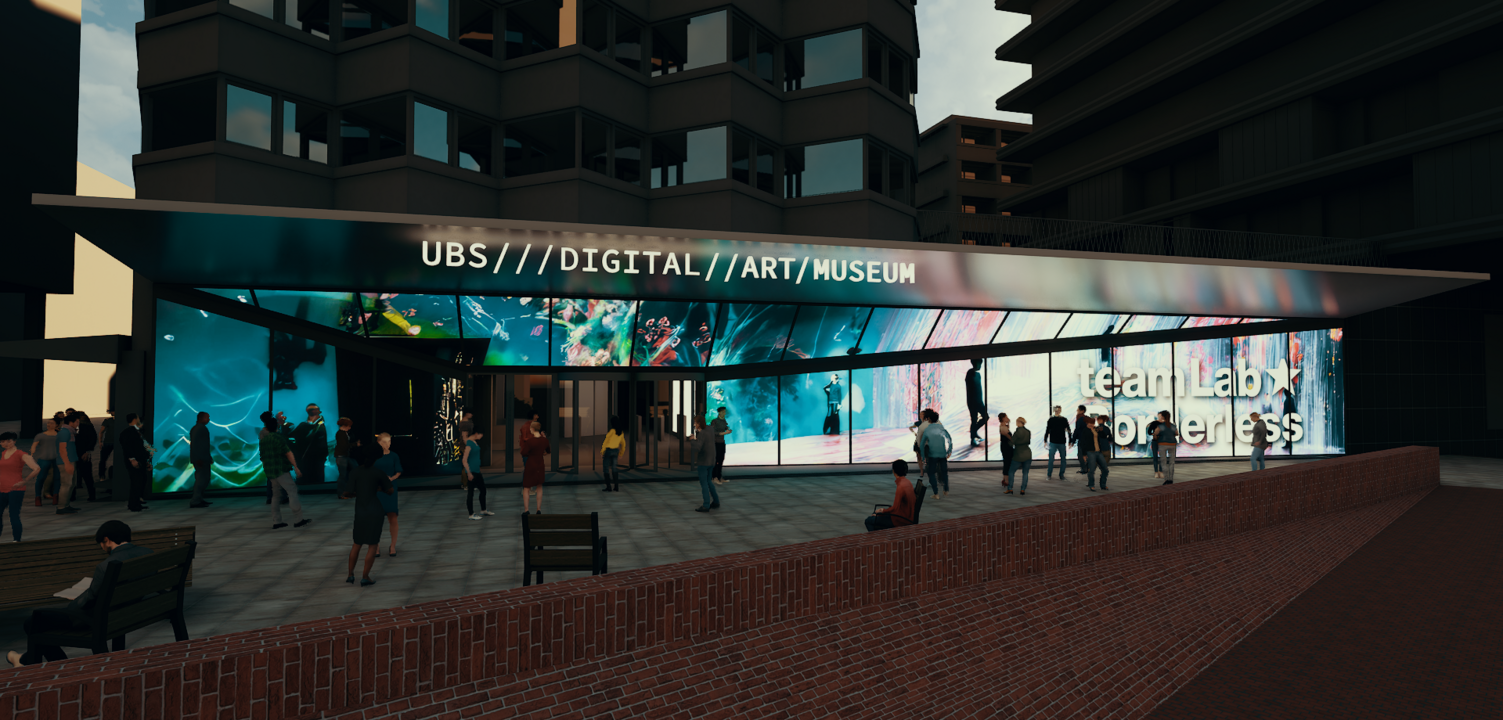 Haupteingang-Medienfassade-immersive-digitale-Kunst_UBS_DIGITAL_ART_MUSEUM © Thorsten Bauer